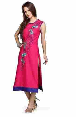 Casual Wear Sleeveless Embroidered Cotton Kurti For Ladies