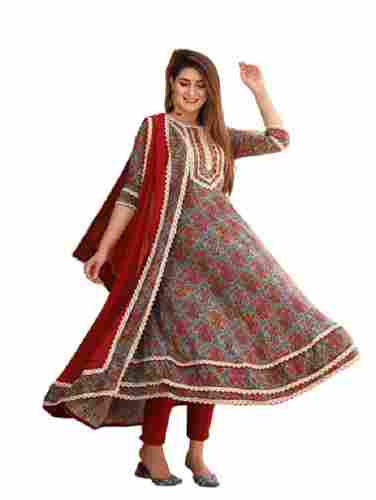 Casual Wear Printed Hypoallergenic Cotton Anarkali Suit With Dupatta