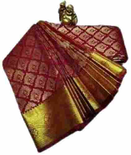 Ladies Golden Zari Dark Red Printed Bridal Silk Sarees