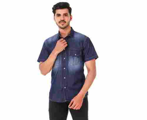 Short Sleeves Regular Fit Plain Denim Shirts For Mens