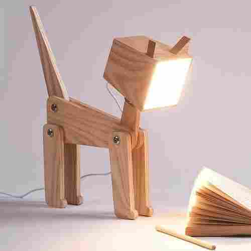 Handcrafted Wooden Dog Shaped Lamp For Study And Office Desk
