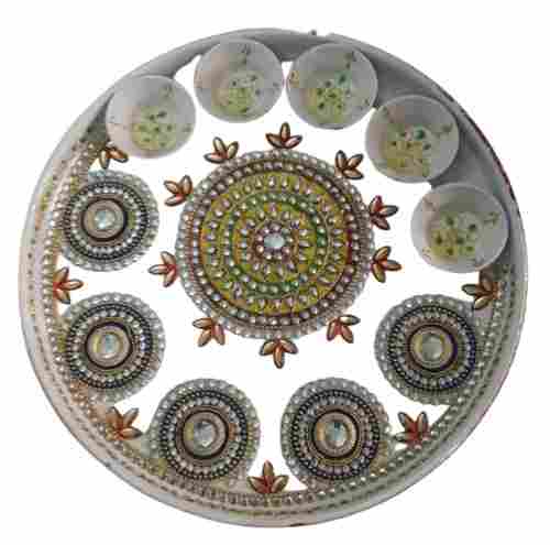 14 Inches Round Painted Antique Pooja Thali 