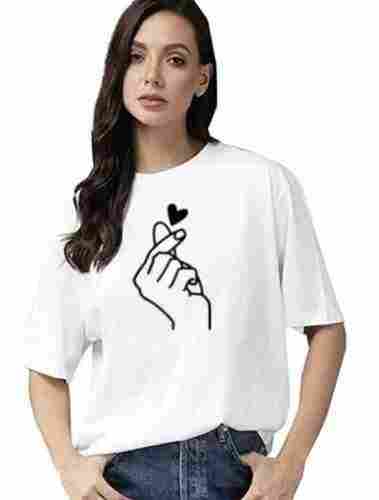 Ladies Round Neck Printed Short Sleeves Cotton T Shirt