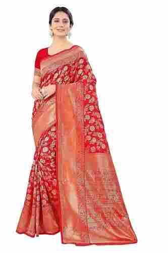 Ladies Banarsi Printed Silk Saree 6.3 M (With Plain Blouse Piece)