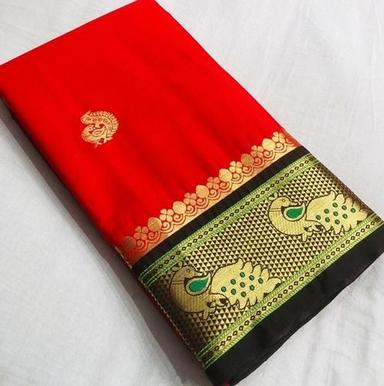 Red Maharani Qari Weaving Paithani Contrast Border Cotton Silk Sarees