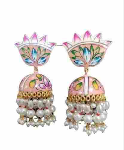 Party Wear Polished Brass Hand Painted Designer Jhumka Earrings
