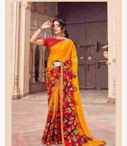 Ladies Yellow Printed Crepe Cotton Saree With Red Plain Blouse Piece