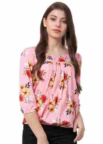 Round Neck Soft Polyester Fabric Printed Top For Ladies
