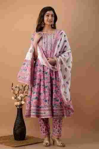 Ladies Printed Cotton Anarkali Suit With Dupatta For Party Wear