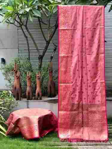 Ladies Festive Wear Pink Copper Zari Motifs Handloom Silk Sarees