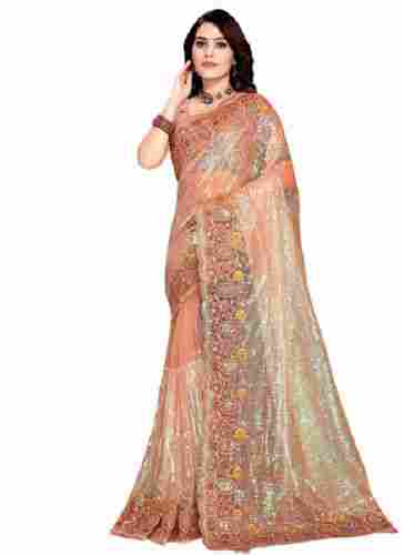 Designer Peach Colour Net Embroidery Saree