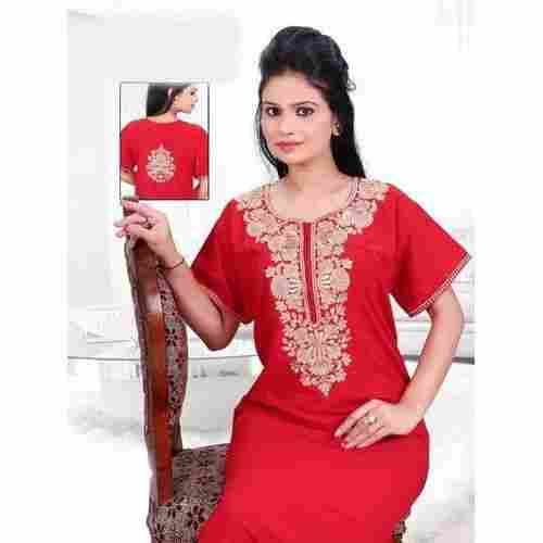 Ladies Embroidered Neck Cotton Night Gown For Daily Wear