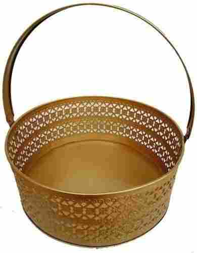 Rust Proof Polished Finish Mild Steel Round Hamper Basket With Handle For Gift Use