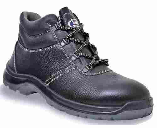 Mens Black Leather Mid Ankle Lace Up Safety Shoes