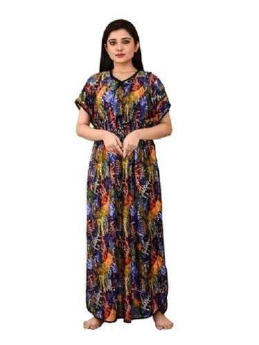 Multicolor Round Neck Short Sleeves Soft Unfadable Printed Satin Nightgown