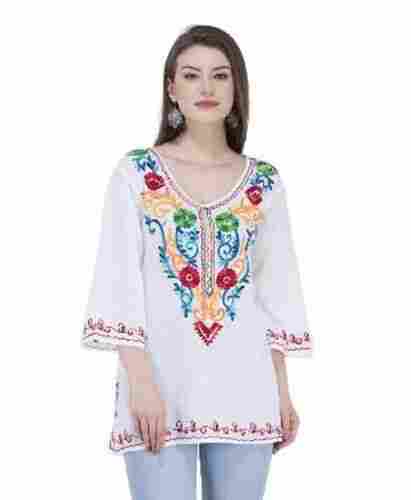 3 By 4 Sleeves Embroidered Cotton Short Kurti