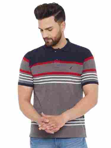 Short Sleeves Polo Collar Striped Poly Cotton T Shirt For Men