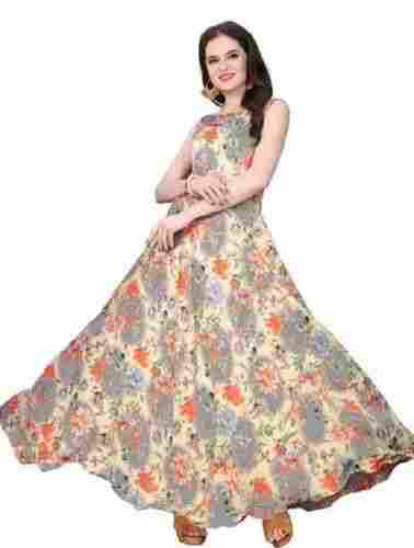 Silk Satin Sleeveless Digital Printed Gown