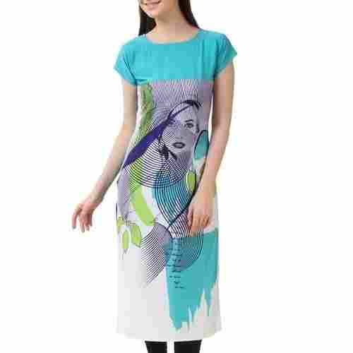 Casual Wear Regular Fit Short Sleeve Round Neck Printed Cotton Kurti For Ladies