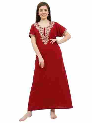 Regular Fit Skin Friendly Short Sleeves Cotton Embroidered Long Nighties For Ladies