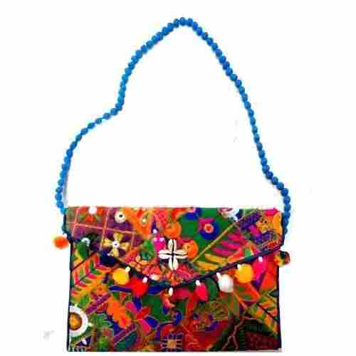 7x6 Inches Button Closure Embroidered Cotton Bag With Shoulder Hand Length For Ladies 
