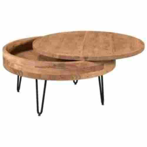 Polished Finish Iron Stand Oak Wooden Coffee Table For Dining Room