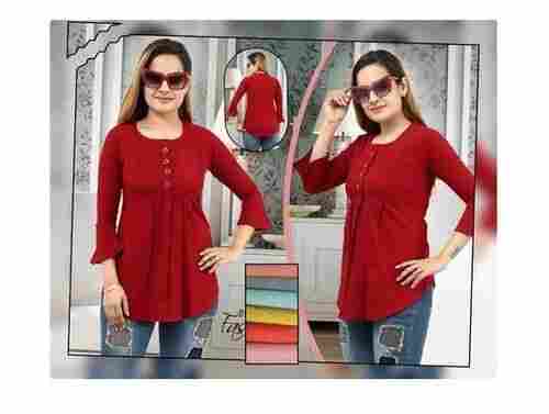 Flared Sleeve Ladies Maroon BSY Top With Round Neck