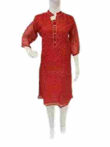Ladies Party Wear Round Neck 3-4th Sleeves Red Printed Cotton Kurtis