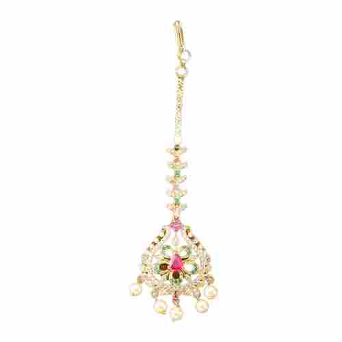 Party Wear Polished Brass And Crystal Stones Maang Tikka For Women