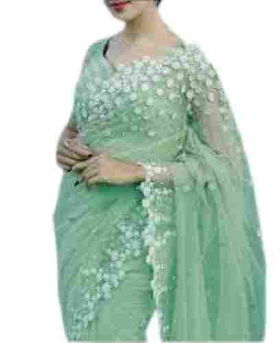 Party Wear Green Net Embroidery Saree With Attach Blouse For Ladies