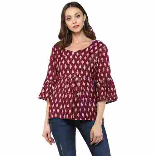 Casual Wear Three Four Sleeves Printed V Neck Cotton Top For Ladies 