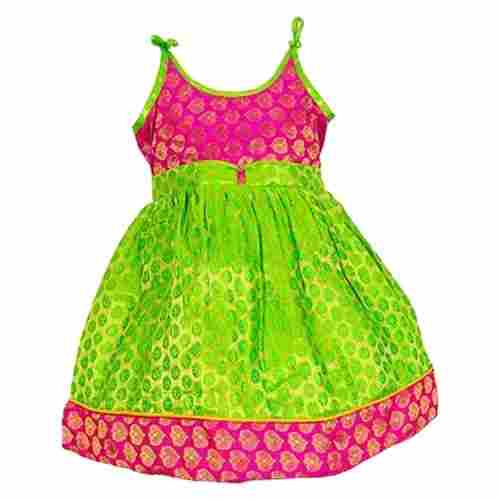 Kids Printed Green With Pink Breathable Silk Frock