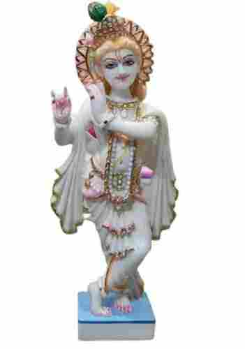 20 Inch High White Marble Lord Krishna Statue with Square Foundation