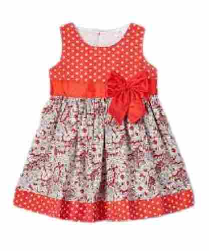 Girls Printed Red Cotton Sleeve Less Kids Frock