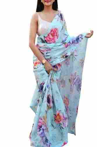 Ladies Printed Blue Casual Wear Chiffon Saree