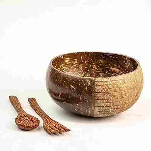 Inaithiram Csbh Coconut Shell Bowl 5 X 5 X 2.7 Inches With A Spoon And Fork