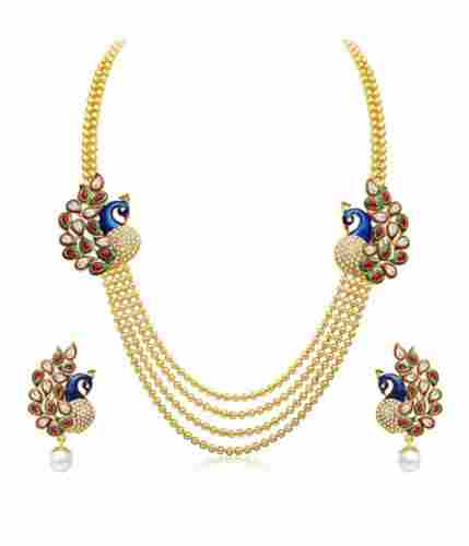 Party Wear Polished Brass And Crystals Artificial Necklace With Earrings