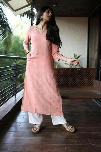 All Colors Are Available Knee Long V Neck Cotton Handloom Kurti Pant Set