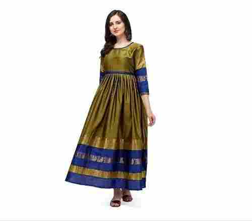 Blue And Mehndi Color Party Wear Ladies 3/4th Sleeve Cotton Silk Gown
