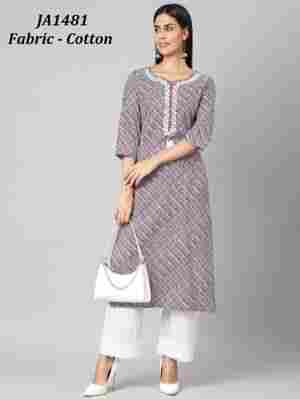 Multicolor Printed 3/4th Sleeves Cotton Long Kurti With Mirror Work