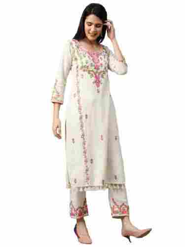 Casual Wear 3/4th Sleeves Cotton Floral Embroidery Suit For Ladies