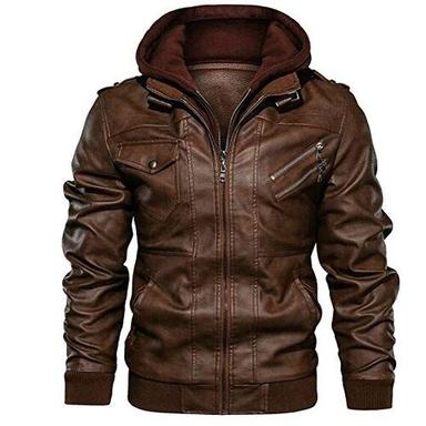 Dark Brown Full Sleeves Zipper Closure Plain Waterproof Leather Jacket For Men