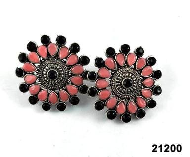Premium Oxidised Silver Plated Pink And Black Alloy Earring