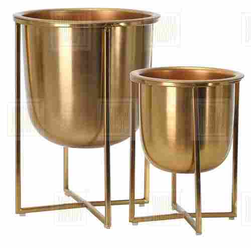 Round Gold Planter With Stand Set Of 2 For Decoration Use