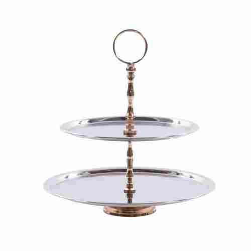 2 Tier Nickel Plated Trays with Gold Finished Handle Rotating Aluminum Cake Stand