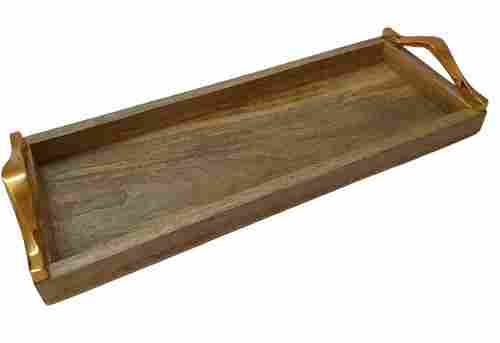 Mango Wooden With Gold Plated Aluminum Handle Rectangular Shaped Serving Tray For Sale