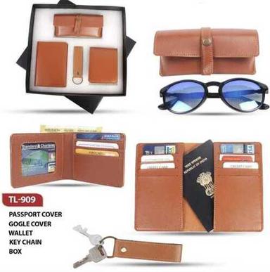 Pure Leather Corporate Gifting Set With Goggle Passport Cover Wallet and Keychain