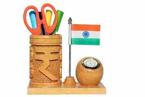 Rupees Sign Brown Wooden Pen Stand with Flag And Clock