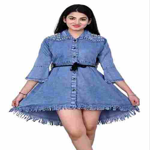 Comfortable Casual Wear Blue Denim Frock For Ladies