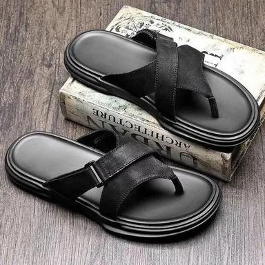 Black Color Plain Pattern Leather Material Mens Slippers